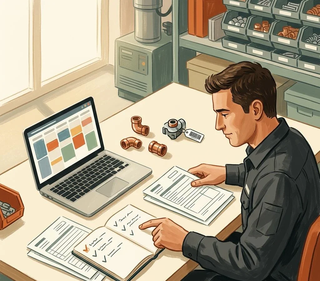 Editorial illustration of a service-shop owner comparing work order tools at a desk with a laptop, checklist and organized spare parts.