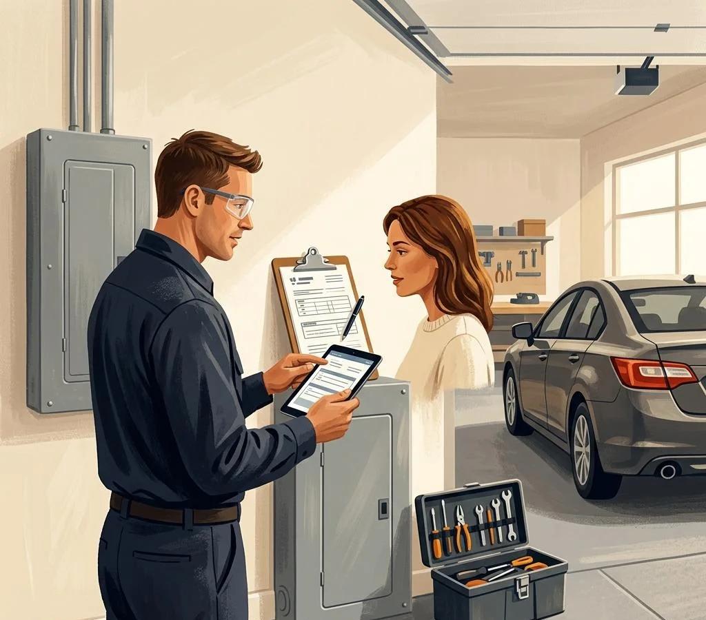 Editorial illustration of an electrician reviewing a tablet work order with a homeowner beside a closed electrical panel.