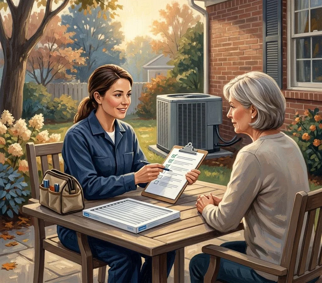 Editorial illustration of an HVAC technician discussing a seasonal maintenance checklist with a homeowner beside an outdoor air conditioner.