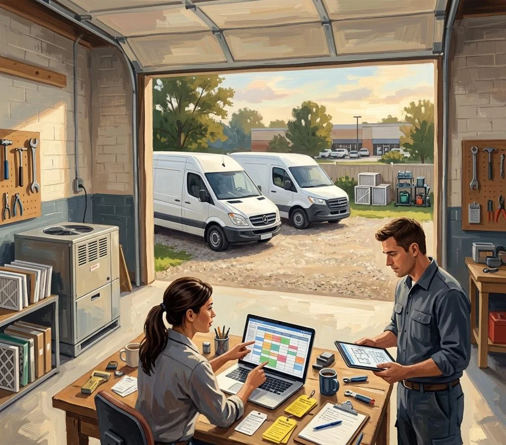 Editorial illustration of an HVAC shop owner and technician reviewing scheduling tools at a desk beside a garage with service vans.