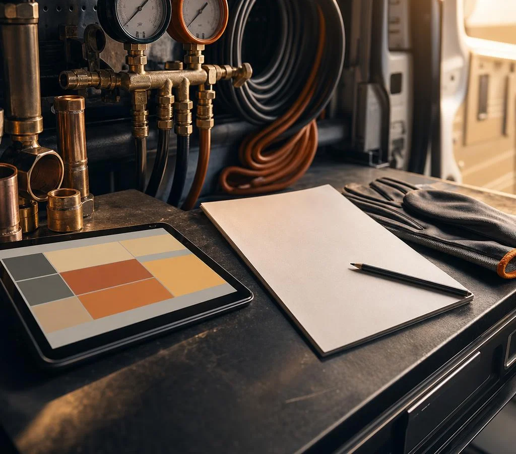 Editorial illustration of copper fittings, HVAC tools, a notebook and a tablet arranged on a service-van workbench.