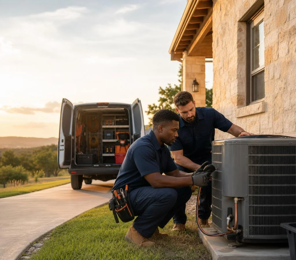 Editorial illustration of two HVAC technicians inspecting an outdoor air conditioner beside a service van in warm evening light.